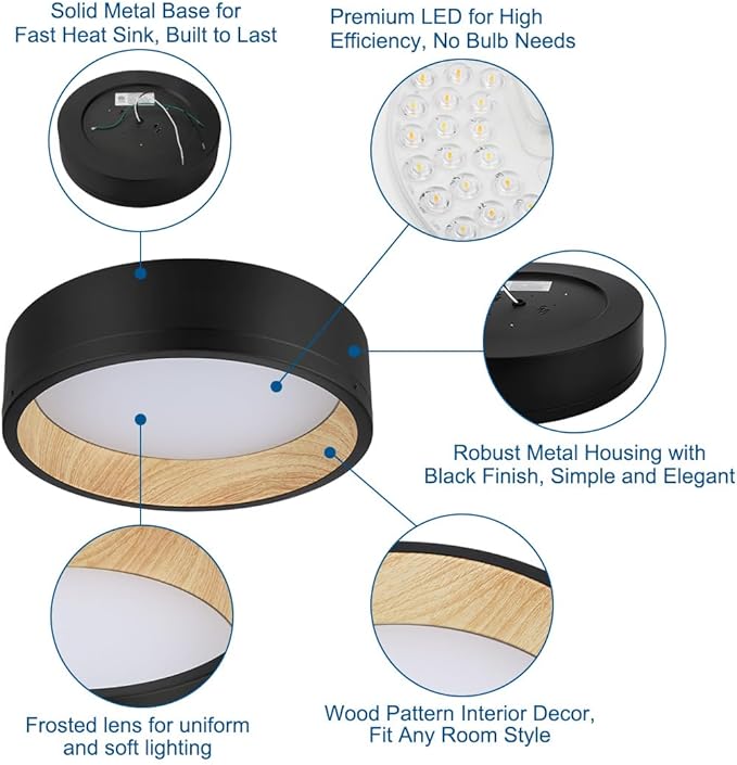 DAKASON LED Flush Mount Ceiling Light Fixture 12.5'' 25W 1500LM, 3000/4000/5000K CCT Selectable, Painted Woodgrain and Black Frame, Dimmable Modern LED Ceiling Light for Kitchen, Hallway, Living Room