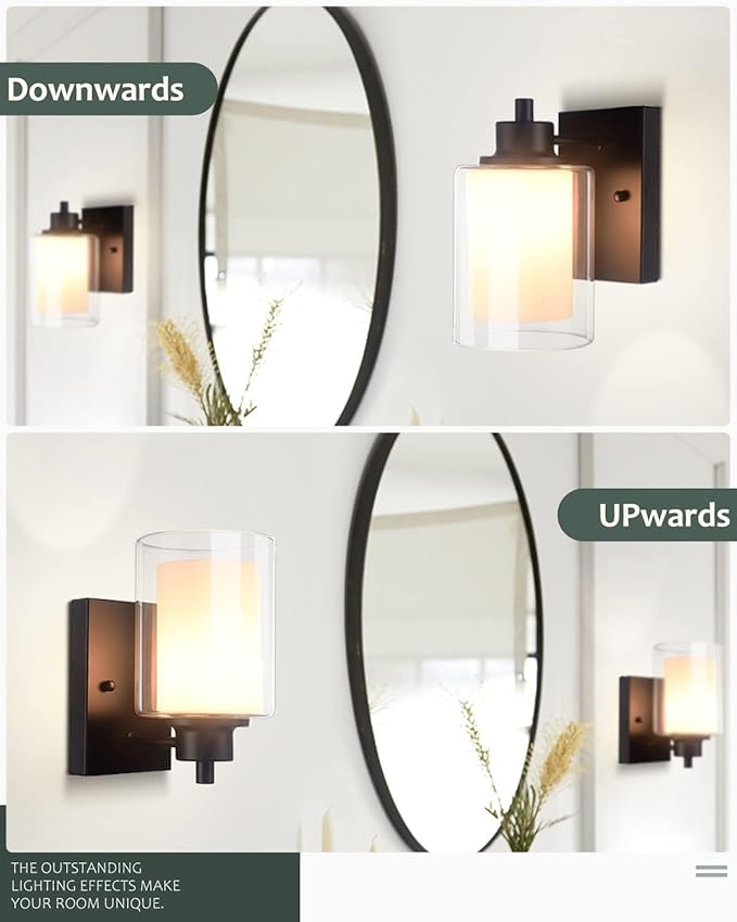 3 Pack Bath Vanity Light Fixtures 1-Light, Indoor Black Wall Light with Dual Glass Shade, Farmhouse Bathroom Wall Scone