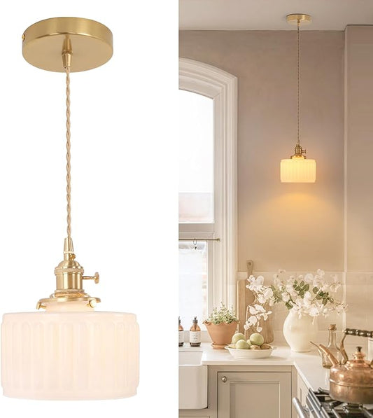 Shenmoyl Pendant Light with White Striped Glass Lmapshade, Brass Vintage Pendant Light Adjustable Hanging Light for Kitchen Island Dining Room Hallway
