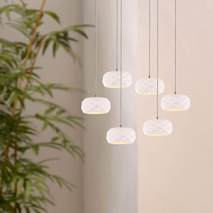 Crust 6 Mini Pendant Lighting White - LED Hanging Light Fixture for Kitchen Island, Bar, Foyer - Cluster Pendants - Dimmable, Adjustable Wire, Lamp Bulb Included