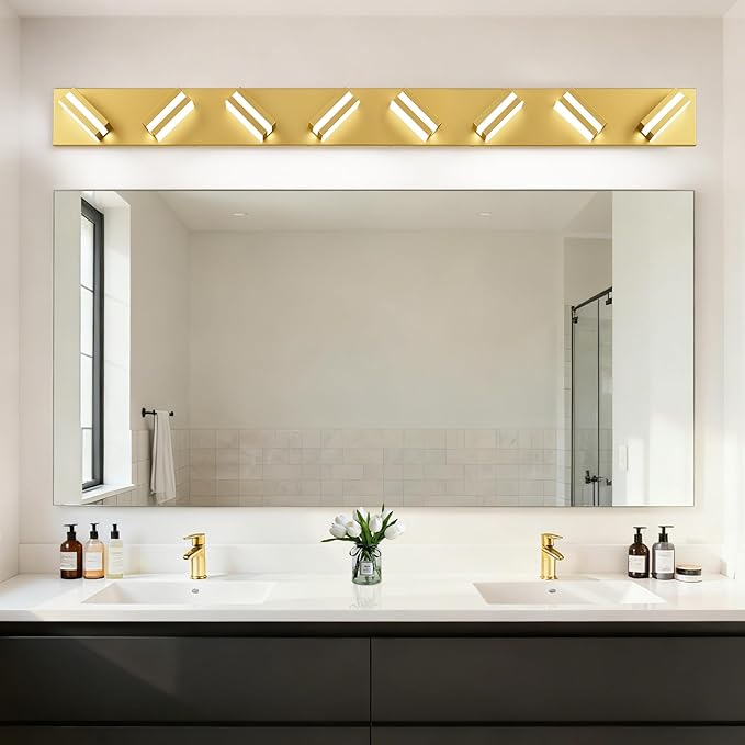 IZORRO LED Modern Bathroom Lights Fixtures(8-Light,Dimmable,360°Rotate),Brushed Glod Acrylic Wall Lighting,Vanity Lights for Bathroom Over Mirror - 6000k 48In （No Assembly Required）