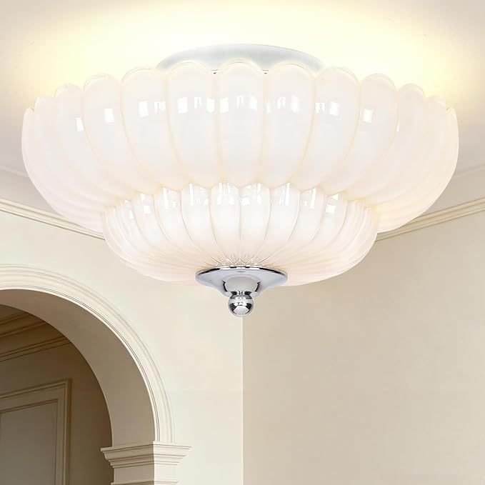 Semi Flush Mount Ceiling Light, Pearl white Glass Ceiling Light Fixture, 3-Bulb Modern Close to Ceiling Light, Vintage Glass Ceiling Lights for Bedroom Kitchen Living Room, Bulb Not Included