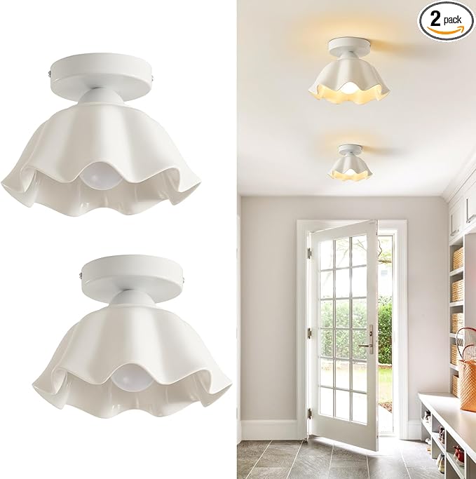 2 Pack Semi Flush Mount Ceiling Light - Flower Glaze Ceramic, White Vintage Hallway Light Fixtures, Milk Glass Ceiling Lights, Mid Century Small Light Fixture for Cottage Entryway Laundry Room Foyer