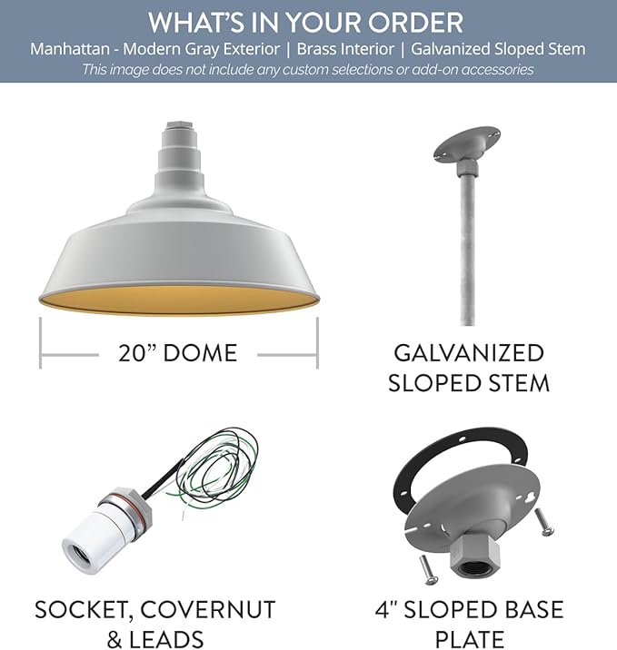 Steel Lighting Co. Manhattan Warehouse Light | Ceiling Mounted Pendant | 20 inch Dome | 12" Sloped Stem | Large Steel Barn Light Made in America | Modern Gray Exterior/Brass Interior