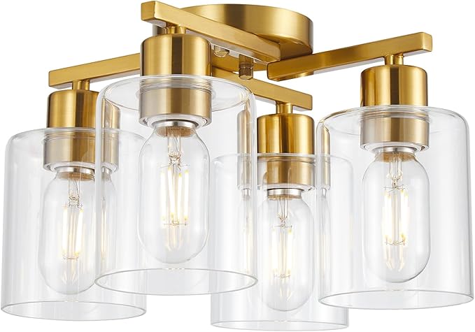 4 Light Semi Flush Mount Ceiling Light Brushed Gold Kitchen Lighting Fixtures Ceiling Brass Hallway Cieling Lights Fixture with Clear Glass Shade for Bedroom Dining Room