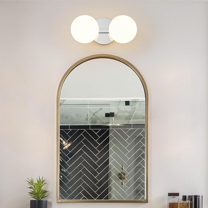 Globe Bathroom Vanity Light Fixtures: Chrome Wall Scones With 2 Milk Glass Shade - Modern Makeup Lighting Fixture over Mirror - Brass Ball Powder Room Vanities Lights for Hallway Bedroom Bulb Excluded