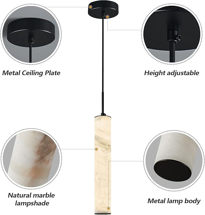LMQNINE Natural Alabaster Pendant Lights for Kitchen Island White Marble Long Tube Chandelier 4000K Modern Black Ceiling Light Fixtures for Bedroom Dining Room Table Living Room Hallway(M-3Pack)
