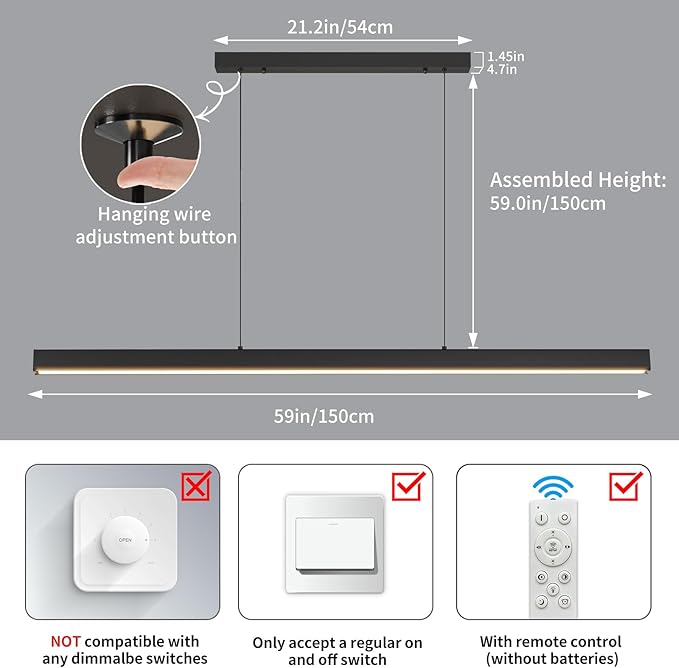 Modern LED Linear Pendant Light, 59IN Ceiling Chandlier Light Fixtures Hanging with Remote Control 3000k-6500K Adjustable Color Temperature Island Light for Dining Room, Kitchen