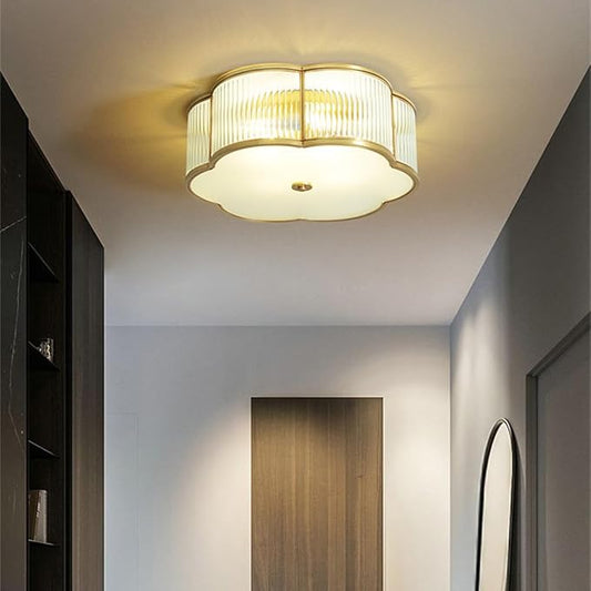 Flower Shaped Ribbed Glass Ceiling Light,Antique Brass Bedroom Flush Mount Light Fixture,Dimmable Led Overhead Fixture,Mid Century Modern Ceiling Lamp for Living Room Study Room
