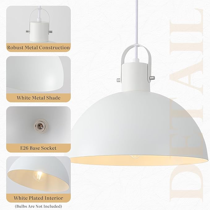 White Pendant Light 2 Pack, 11.8 Inch Dome Pendant Lights Kitchen Island, Farmhouse Pendant Lights for Kitchen Island, Dining Room, Living Room