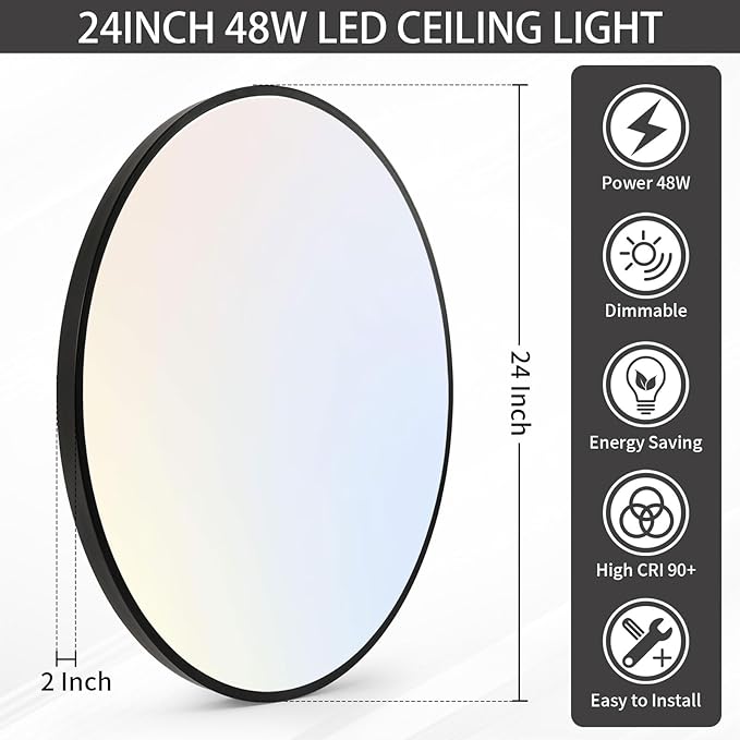 24 Inch Flush Mount Ceiling Light Fixture, Dimmable with Remote, 3000K-6500K Adjustable Color, 48W 4800Lm Ultra Thin Modern Round LED Ceiling Light, Black for Bedroom, Kitchen, Living Room