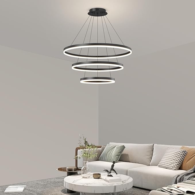 Black LED Modern Chandelier, 3 Ring Circular Dimmable Pendant Light for Kitchen Island, Living Room, Adjustable 3000K-6500K Ceiling Lamp, Above Dining Room Table Hanging Lights for Entryway Foyer
