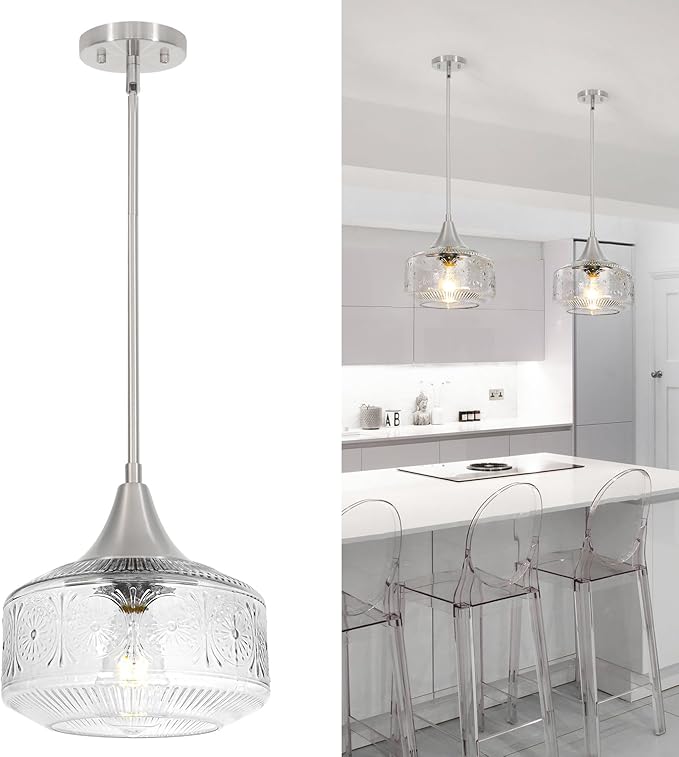 Brushed Nickel Pendant Light, Pendant Lights Kitchen Island with Large Globe Glass Lampshade, Pendant Light Fixtures with Adjustable Cable, Hanging Light for Dining Room Bathroom Bedroom, E26 Base