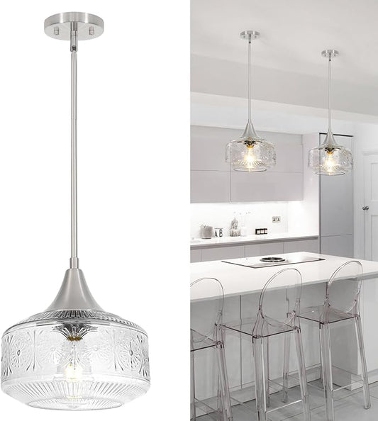 Brushed Nickel Pendant Light, Pendant Lights Kitchen Island with Large Globe Glass Lampshade, Pendant Light Fixtures with Adjustable Cable, Hanging Light for Dining Room Bathroom Bedroom, E26 Base
