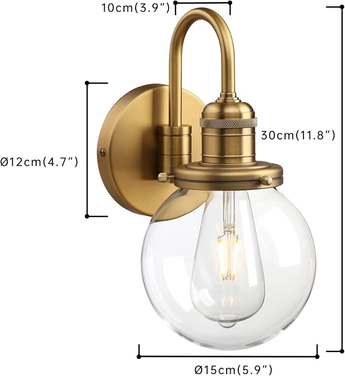 Industrial Vintage U-Shaped Wall Sconce 1-Light with 5.9” Round Clear Glass Globe Shade Indoor Wall Mounted Lamp Fixture