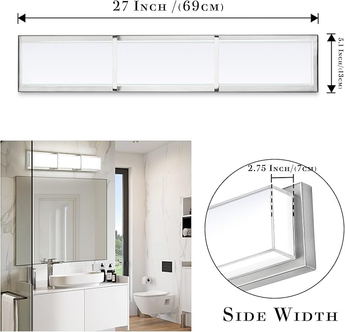 Bathroom Light Fixtures, Vanity Lights 27In Cool White Bathroom Lighting Fixtures Over Mirror 28W 6000k Dimmable Modern Brushed Nickel Vanity Light for WC, Toilet, Kitchen, Cabinet, Wall