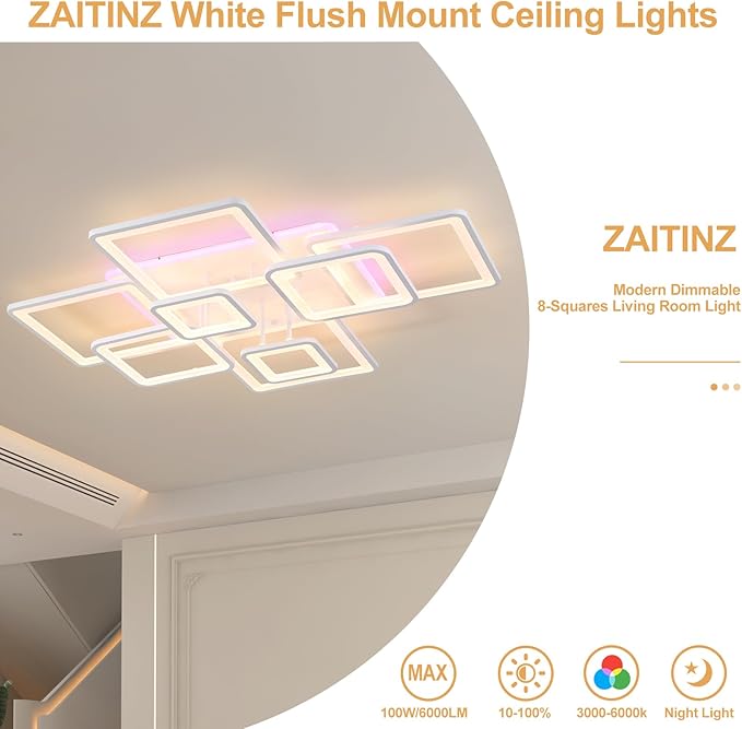 Modern LED Ceiling Light, 100W Dimmable LED Chandelier Black Flush Mount Ceiling Lights, Remote Control Acrylic Ring Ceiling Lamp Fixture for Living Room Dining Room Bedroom,White,3000-6000K