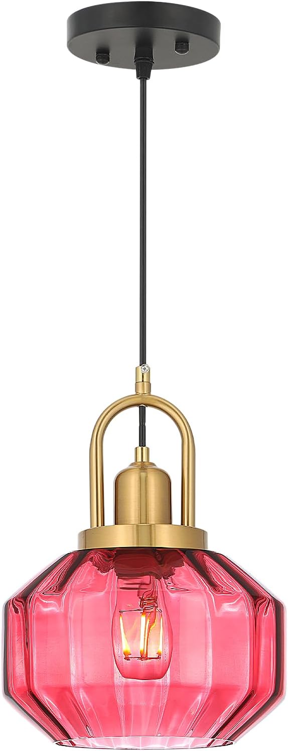 9in Mid Century Modern Wine Red Glass Pendant Light Fixture, Small Gold Kitchen Island Pendants Light Glass Ceiling Hanging Lamp for Foyer Dining Room Bedroom Entryway Hallway Over Sink