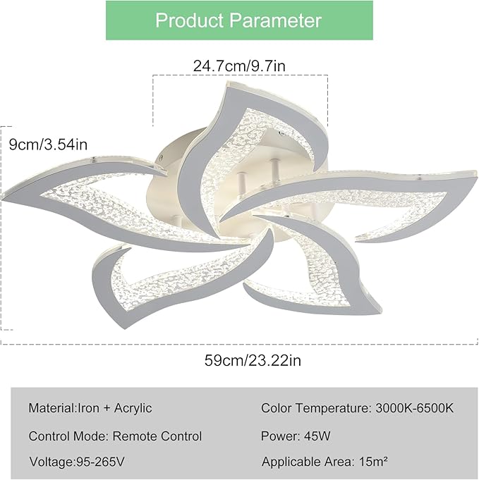 Garwarm Modern Ceiling Light,23.6” Dimmable LED Chandelier Flush Mount,Remote Control Acrylic Flower Celing Lamp Fixture for Living Room Dining Room Bedroom Hallway 45W White