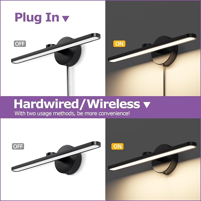 15.75" Plug in Bathroom Light Fixtures Modern Black Vanity Lights Over Mirror, 3000k Warm Light Non-Dimmable 12w Picture Light Led Wall Lights for Bedroom,Art,Poster,Gallery,Paintings