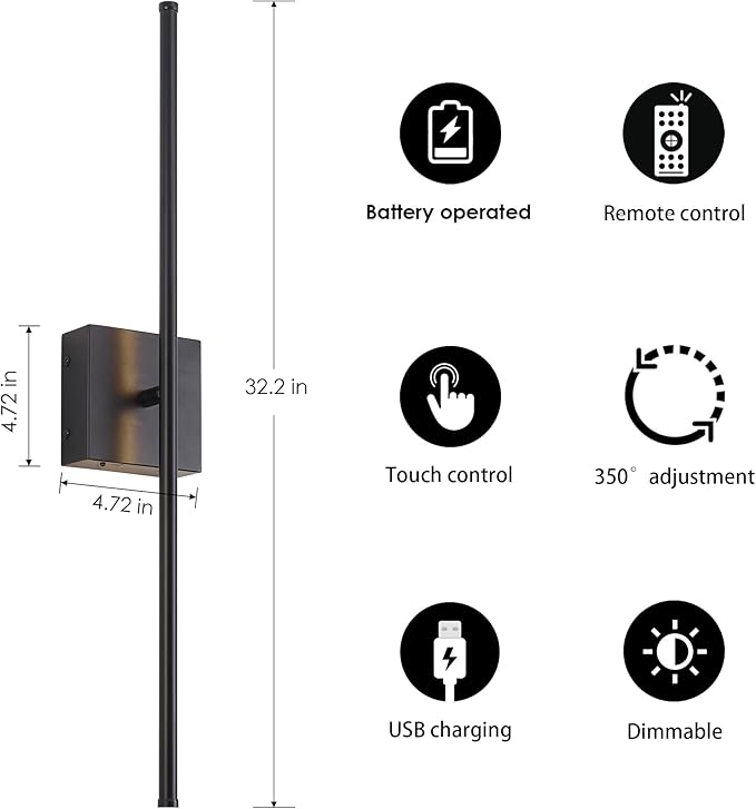 KARTOOSH Battery Operated Wall Sconces with Remote Control, Dimmable Wall Sconces Set of Two, 350°Rotate, 3000K LED Black Wireless Wall Light for Living Room, Hallway, Bedroom, 32.2 Inch (2 Pack)