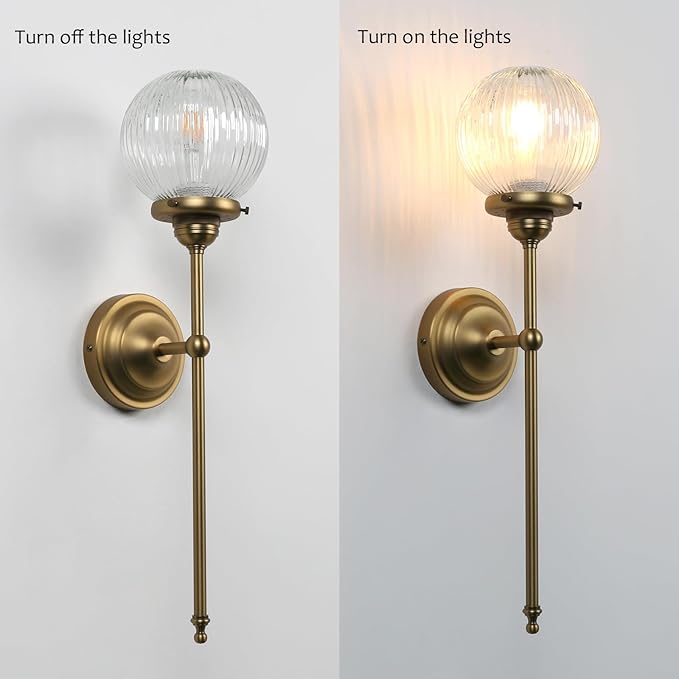 Pathson Vintage Wall Sconce Light with Clear Ribbed Glass, Industrial Hardwired Wall Vanity Lighting Decor for Living Room Bathroom Bedroom Fixture