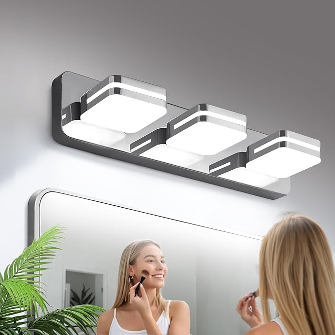 360° Rotate 3-Light LED Bathroom Vanity Light Fixtures, 1300LM Acrylic Chrome Vanity Lights for Bathroom, Modern Wall Lighting Fixtures Over Mirror Kitchen Living Room (Natural White Light 5000K)