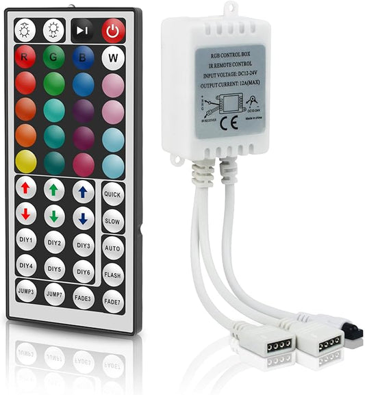 RGBZONE 4PIN RGB LED Controller, 2 Ports Low Voltage LED Controller, 44-Keys Wireless IR Remote Control, DC12V-24V 5050 2835 3528 LED Strip Lights