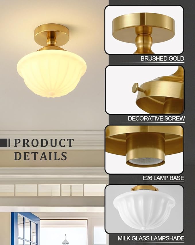 Schoolhouse Milk White Glass Ceiling Light,9" Semi Flush Mount Ceiling Light, Gold Mid Century Light Fixtures for Bedroom Kitchen Hallway Entryway