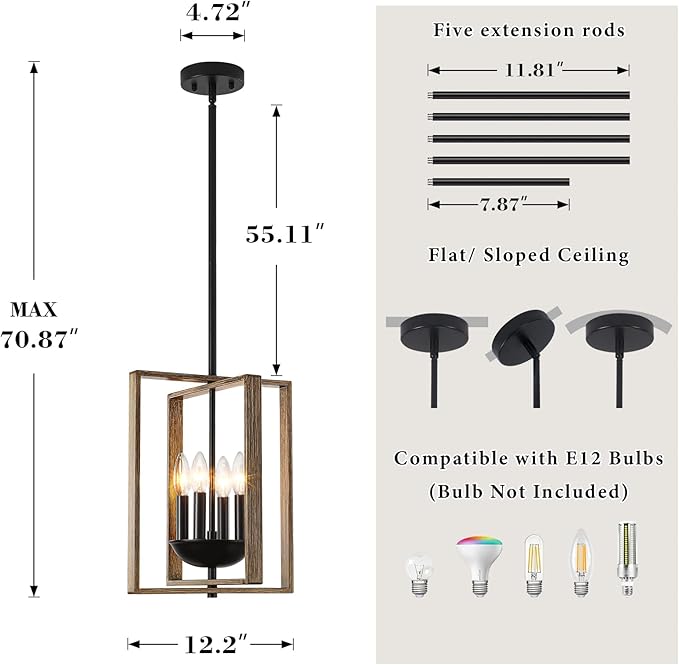 12.2" Farmhouse Chandelier, 4-Light Wood Textured Pendant Lights Kitchen Island, Rustic Hanging Light Fixture for Dining Room Kitchen Sink Foyer Hallway Bar