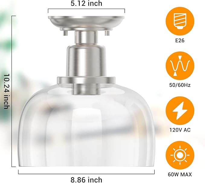 EAPUDUN Semi Flush Mount Ceiling Light, Modern Light Fixture with Clear Glass Shade, Brushed Nickel Finish for Hallway Corridor Kitchen Bathroom Bedroom Passway, FMA1123-BNK