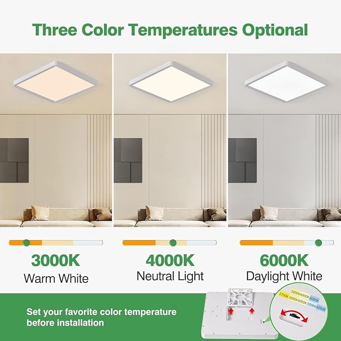 12 Inch Square LED Flush Mount Ceiling Light, 24W, 2520LM, 3000K/4000K/6000K CCT Selectable, Flat Panel Light, Low Profile, Fits for Hallway, Kitchen, Bedroom, Laundry Room (White, 12" 12PK)