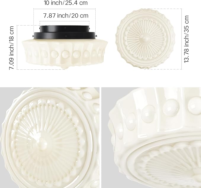 Schoolhouse Cream White Milk Glass Ceiling Light Fixture, 13.8" Vintage Scalloped Semi Flush Mount Lighting, Mid Century Ceiling Light for Bedroom Kitchen Hallway Entryway Living Room