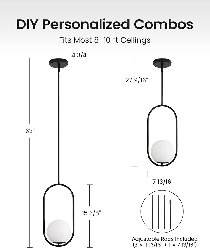 Yunnix Pendant Lights Kitchen Island, Pendant Light Fixtures, Modern Black Globe Glass Pendant Lighting, Mid Century Chandelier One Light for Bathroom Bedroom Dining Room(Bulb Not Included)