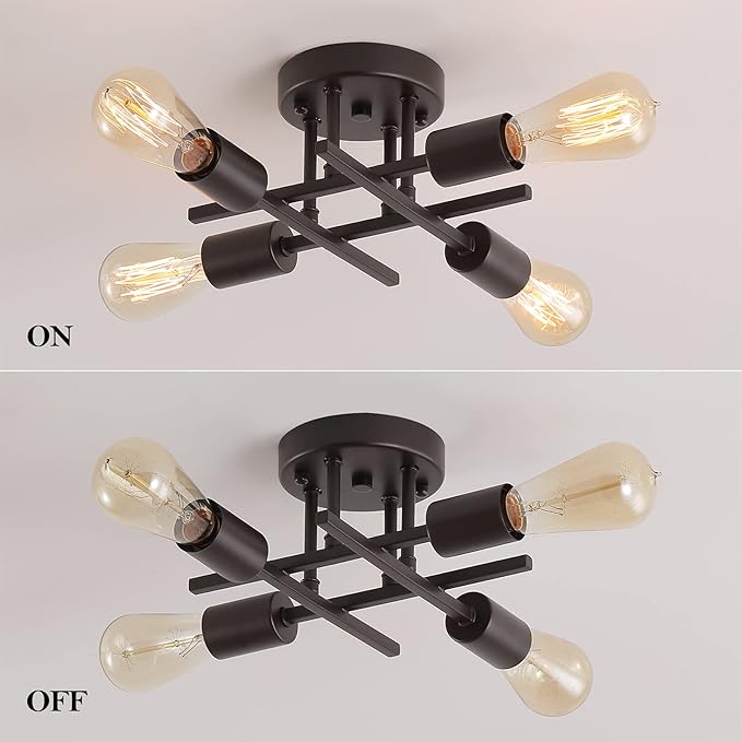 4-Light Semi Flush Mount Ceiling Light Fixtures, Black Mid-Century Modern Industrial Farmhouse Metal Chandelier Lighting Fixtures for Entryway Hallway Bedroom Kitchen Dining Room UL Listed