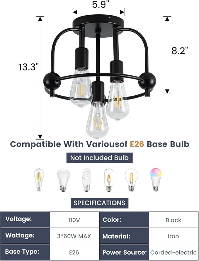 3 Light Industrial Ceiling Light Black Semi Flush Mount Lights Close to Ceiling Light Fixtures,cage Design Farmhouse Ceiling Lighting for Kitchen Bedroom Bathroom Foyer Hallway (E26, 2Pack)
