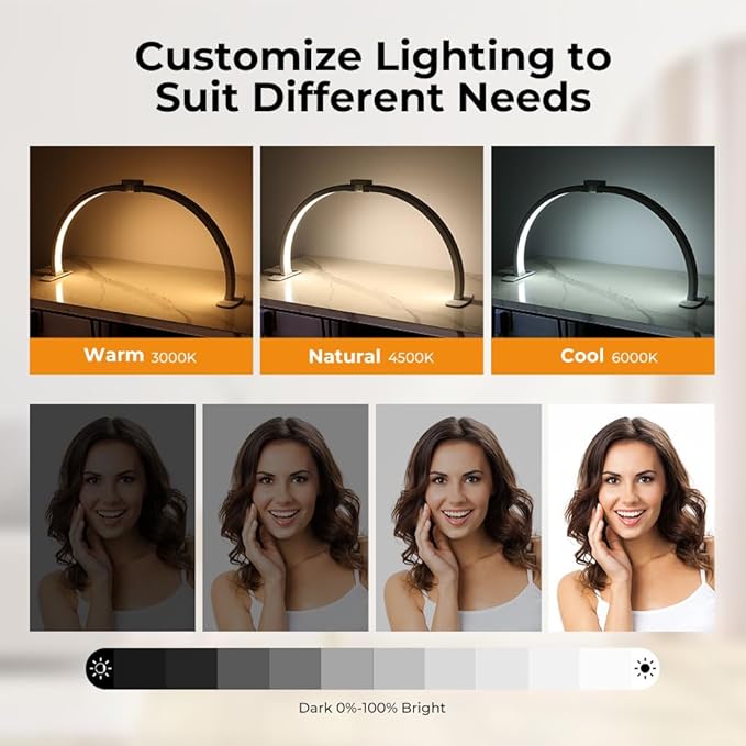 Janolia Half Moon Light for Nail Desk, 29In Nail Tech Lamp Table Light, 7 Color Modes, 10 Brightness for Tattoo/Eyelashes/Spa/Salon/Makeup, with Phone Holder
