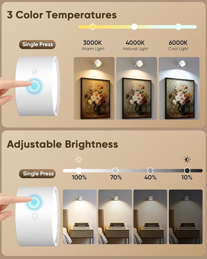 LED Wall Mounted Lights 2 Pcs with Remote, Rechargeable Wall Sconce with 3 Color Temps & Dimmable Magnetic 360° Rotation Cordless Light for Bedroom Reading Bedside (White, 1 Pack)