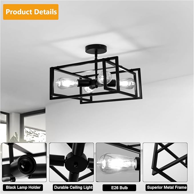 DELIPOP 4-Light LED Ceiling Light Industrial Black Farmhouse, Semi Flush Mount Ceiling Light, Lighting for Dining Room Kitchen Hallway Island