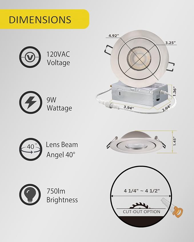 POPANU 4-inch Gimbal LED Recessed - 4 in Lighting 6Pack Canless Brushed Nickel Trim 90° Tilt Swivel LED Eyeball Wafer Slope Ceiling Adjustable Spotlight Dimmable Brushed Nickel 4 inch 6 Pack