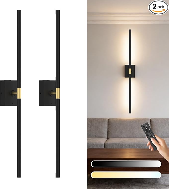 Battery Operated Wall Sconce Set of Two - 10000mAh Cordless Rechargeable Wall Sconces with Remote & Touch Control, 360°Rotate, 4CCT Dimmable Black Wall Lights for Bedroom Living Room, 31.5 inch