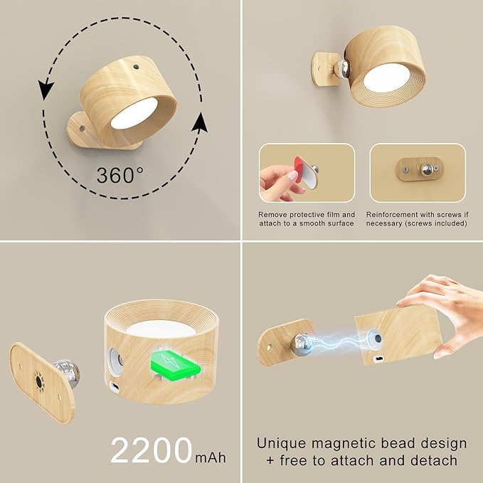 Deyagoo 2PACK LED Wall Sconce - Rechargeable Cordless Wall Light, 3 Colors & 3 Brightness Levels, 360° Magnetic Rotating Head, Bedside Reading Lamp, Easy Install Battery Operated Lamp Wood