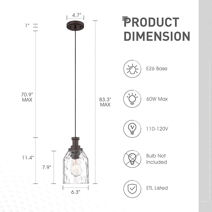 zeyu Modern Pendant Lights Kitchen Island 2 Pack, 1-Light Hanging Pendant Lighting for Dining Room, Water Ripple Glass Shade, Oil Rubbed Bronze Finish, ZG33M1L-2L ORB-WG