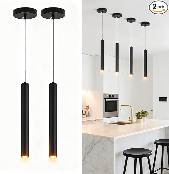 2 Pack Black Pendant Lights, Modern 3W LED Pendant Light Fixtures for Kitchen Island, Long Tube Hanging Light Cord Adjustable for Dining Table Bedroom Bar Hallway (23.6 Inch, 3000K)