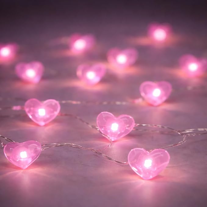 BOHON Valentine Day Decorations, 13 ft 40 LEDs Pink Heart Lights String | Fairy String Lights Battery Operated, Valentine Decor for The Home Indoor Garland Party Galentines Day Decorations Pink