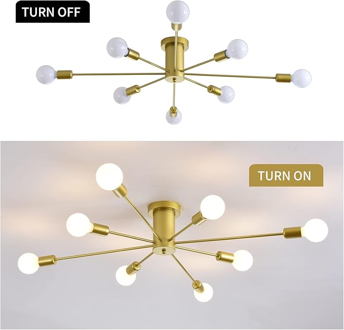 Garwarm 8-Light Sputnik Ceiling Light Modern Semi Flush Mount Ceiling Light Mid Century Gold Chandelier Pendant Lighting for Kitchen Dining Room Bedroom