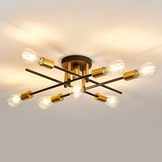 UOFUS 7-Light Semi Flush Mount Ceiling Light Fixture Matte with E26 Base Modern Black and Gold Chandelier Mid Century Modern Ceiling Lamp for Farmhouse Kitchen Dining Room Bedroom Living Room Bathroom