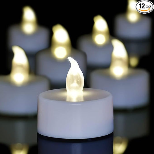 LED Tea Lights - 12 Pack Flameless Battery Operated Candles, 200+ Hours Flickering Warm White, Realistic Fake Tealights for Weddings, Home Decor, Parties, and Sweetest Day