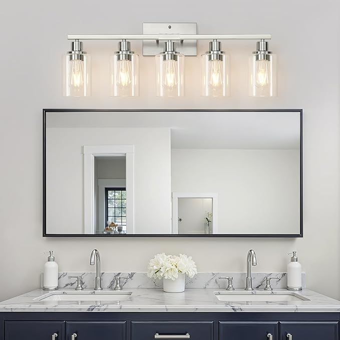 MOKATNG 5-Light Bathroom Light Fixtures, Vanity Light with Clear Glass Shades, Brushed Nickel Bathroom Light Fixtures Over Mirror, Modern Bathroom Wall Lamp for Mirror Living Room Cabinet Bedroom