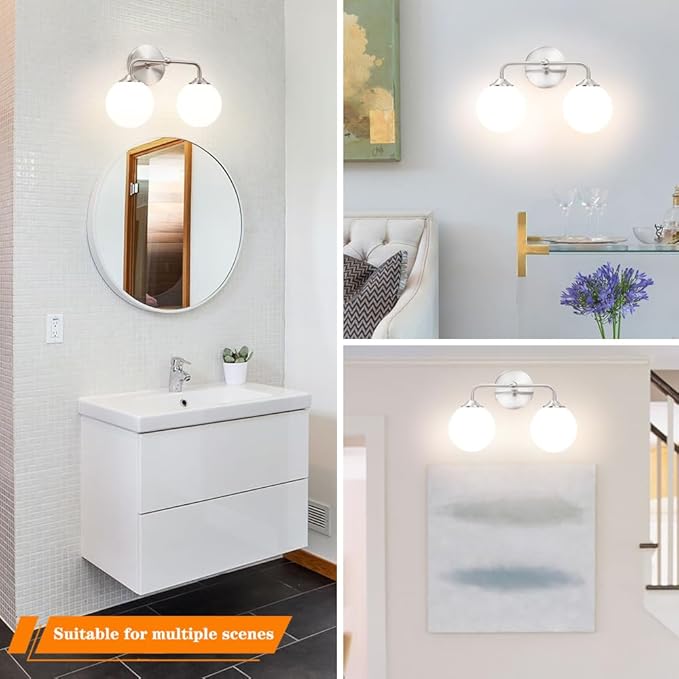 Modern Brushed Nickel 2-Lights Bathroom Vanity Lights, Bathroom Lighting Fixtures Over Mirror with Milk White Globe Glass Shade, Elagant Wall Sconces for Dressing Table Bedroom Living Room